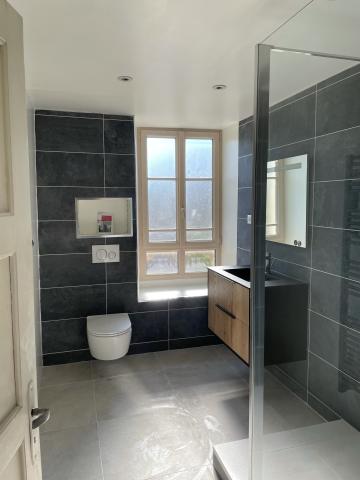 Salle d'eau contemporaine anthracite — Rénovation, Île-de-France